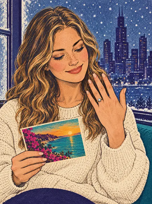 Illustration: Erica at her snowy Chicago window, admiring her engagement ring and holding a postcard of a Cabo sunset.
