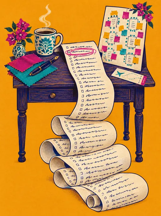Illustration: an endless wedding to-do list unfurling off a desk and onto the floor.