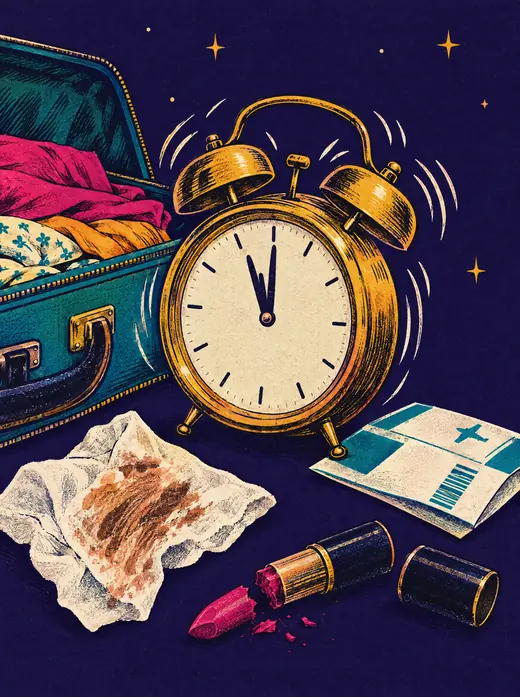 Illustration: a ringing alarm clock at five to midnight beside a half-packed suitcase and a makeup wipe smeared with the wrong foundation.