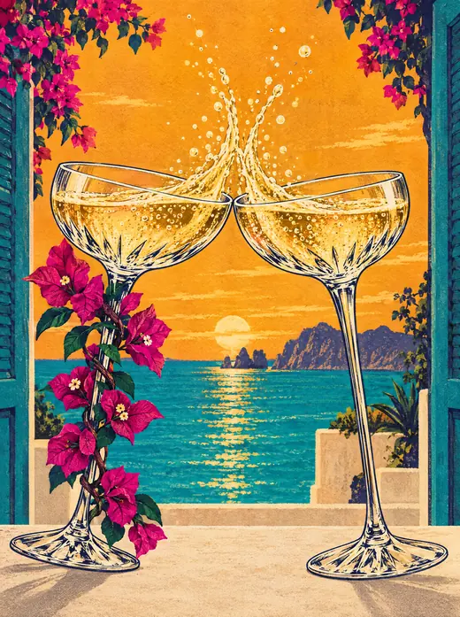 Illustration: two champagne coupes clinking in front of a Cabo sunset.