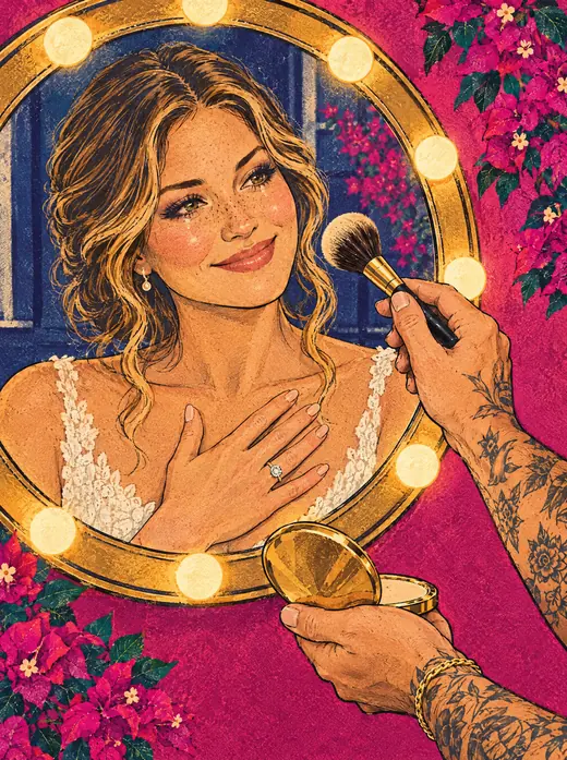 Illustration: Erica tearing up as she sees her trial makeup in a lighted vanity mirror while Enrique holds a brush.