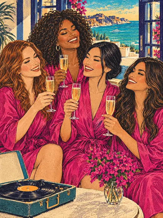 Illustration: four bridesmaids in fuchsia robes laughing and toasting with champagne.