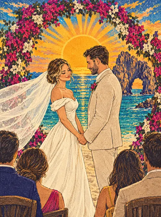 Illustration: Erica and Greg holding hands under a floral arch on the beach at sunset, with El Arco behind them.