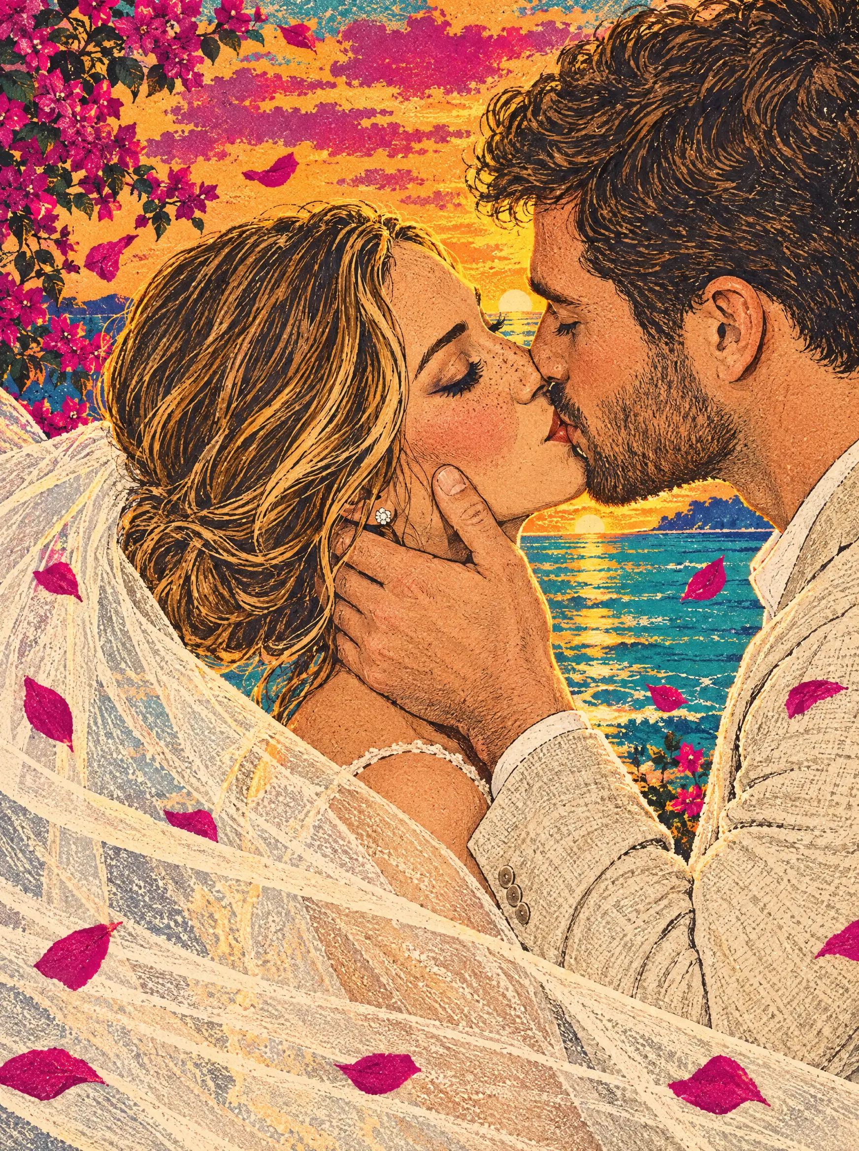 Illustration: Erica and Greg's first kiss at sunset, her veil blowing in the breeze.
