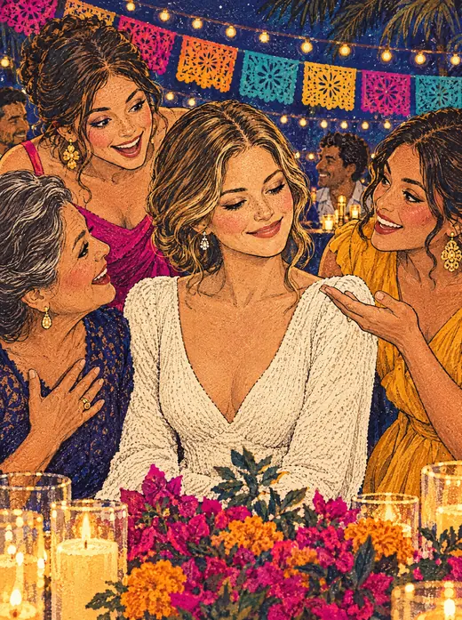 Illustration: wedding guests leaning in toward Erica at a candlelit beach reception.