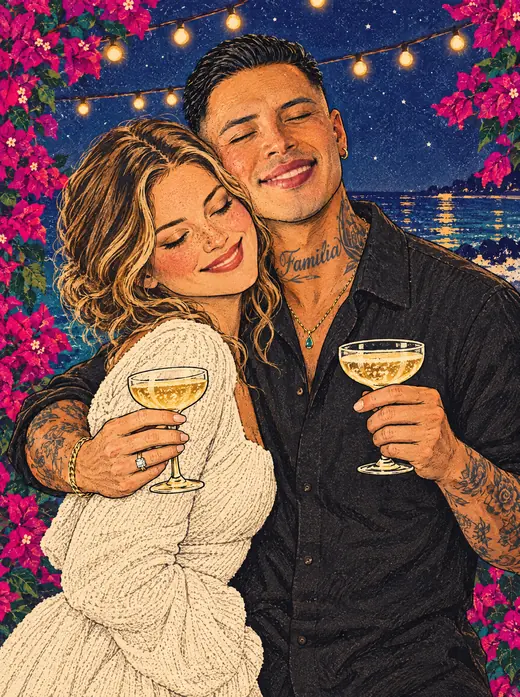Illustration: Erica and Enrique hugging and laughing with champagne under string lights.