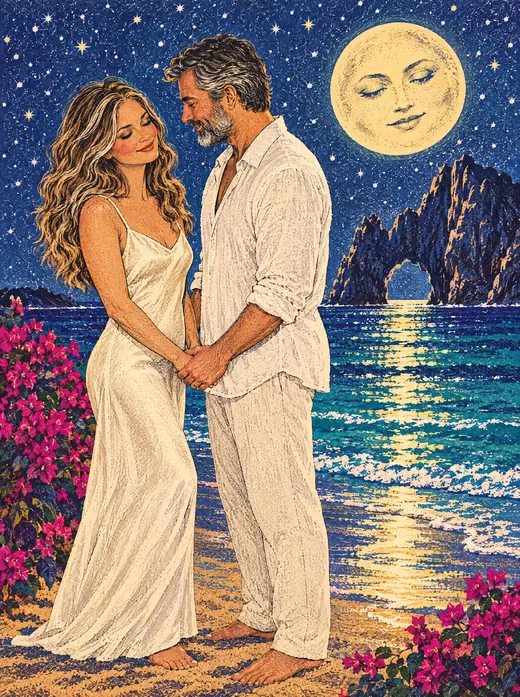 Illustration: Erica and Greg, twenty years later, renewing their vows under a full moon on the Cabo beach.